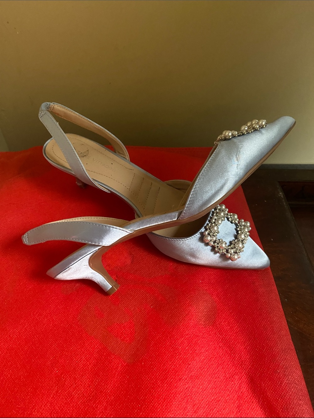 Adrienne Vittadini Powder Blue Pearl Buckle Pointed Slingbacks - Picture 2 of 4